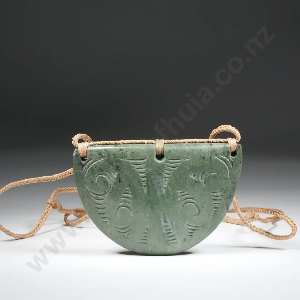 Large Pounamu Breastplate with Whakairo Designs Ona Pale Plaited Cord Image 1++