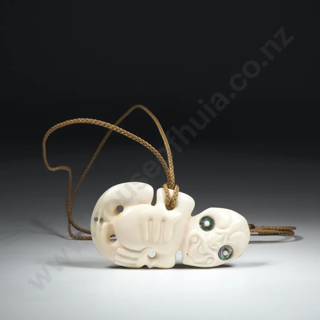 Charles Raponi Wilson  Sperm Whale Hei Tiki w Paua Shell Eyes On Plaited Cord Image 1++