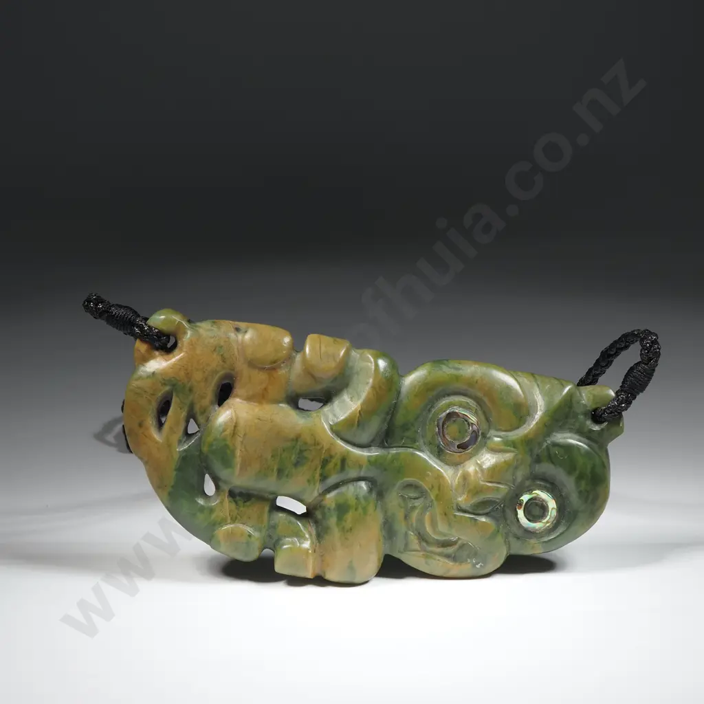 Raukaraka Tounamu, Unique Large Golden Yellow Green Pounamu Hei Tiki On A Black Plaited Cord Image 1++