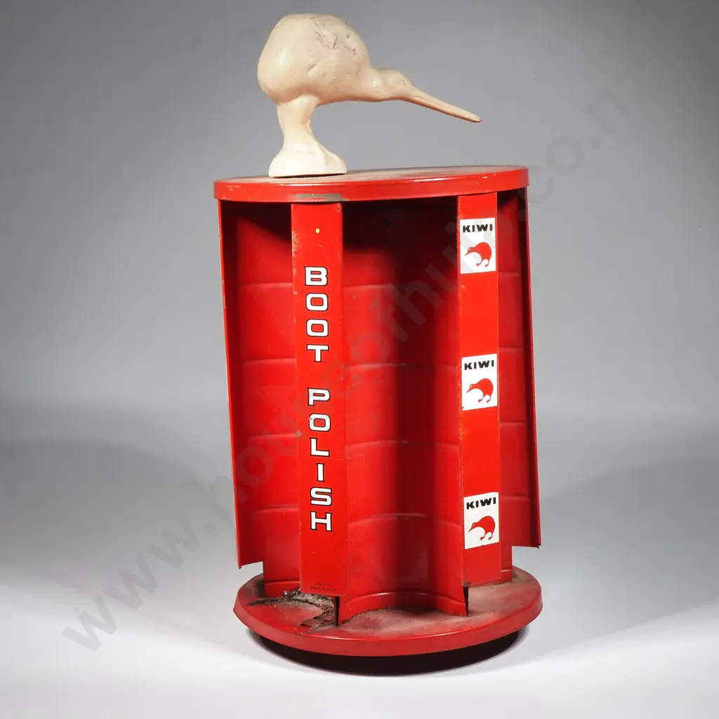 Red Vintage Kiwi Boot Polish Rotating Display Stand w Kiwi Bird Figure on the Top. Image 1++