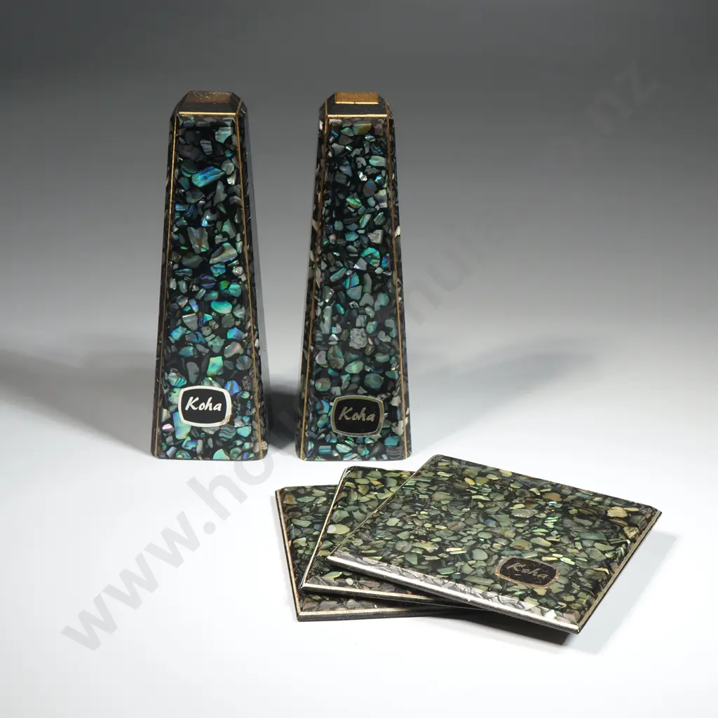 Paua Salt & Pepper Shakers, Three Paua Coasters & Small Antique Glass Bottle. Image 1++
