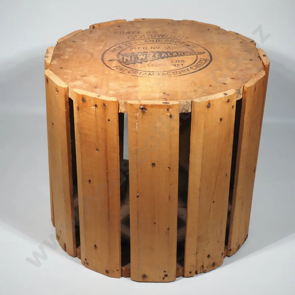 Vintage Round Wooden Crate For Shipping Full Cream NZ Factory Cheese by Goodwood. Crate No 155.  Image 1++