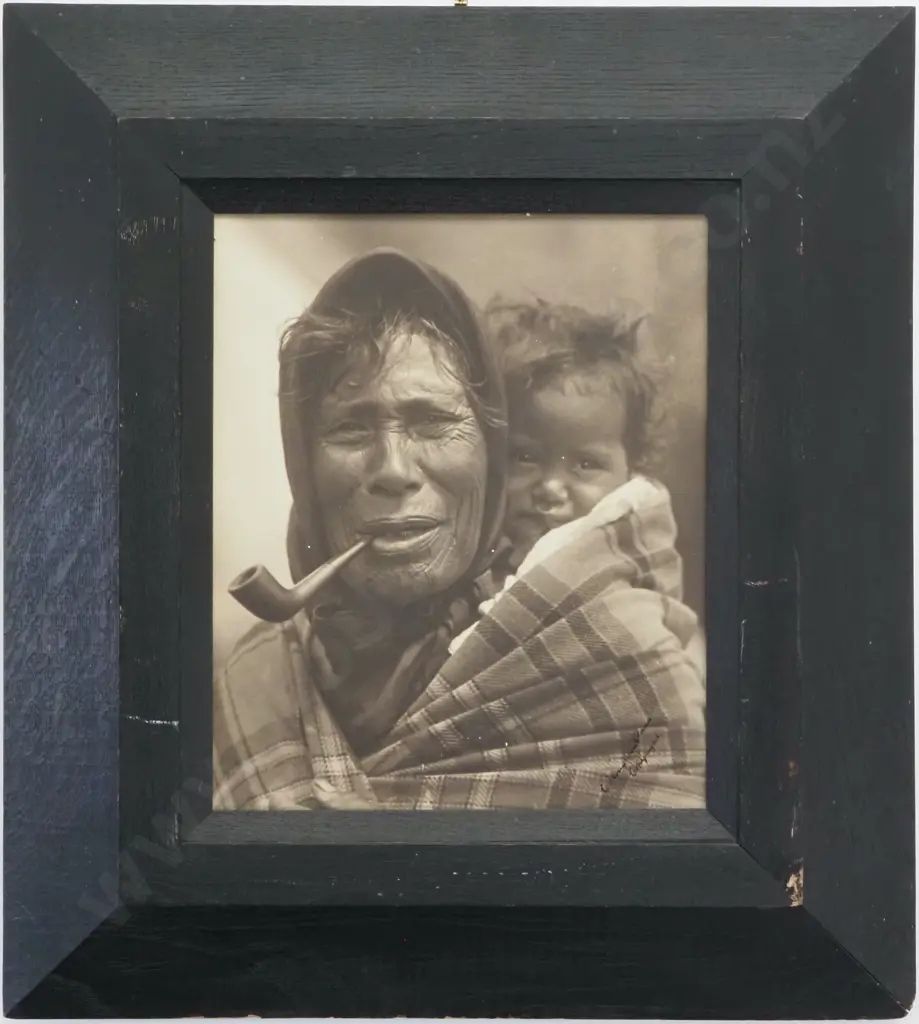 Charles William Clark, Maori Woman With Moko & Child. Sepia Photographic Print. Signed. 300 x 240mm Image 1++