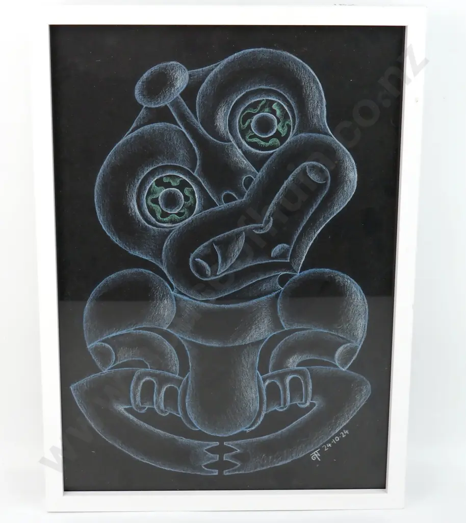 White Tiki Drawing in Pastel  with Green Eyes by Artist & Carver Tahu Jacob Jacomb  Image 1++