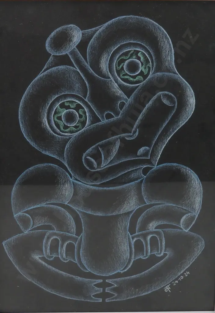 White Tiki Drawing in Pastel  with Green Eyes by Artist & Carver Tahu Jacob Jacomb  Image 1++