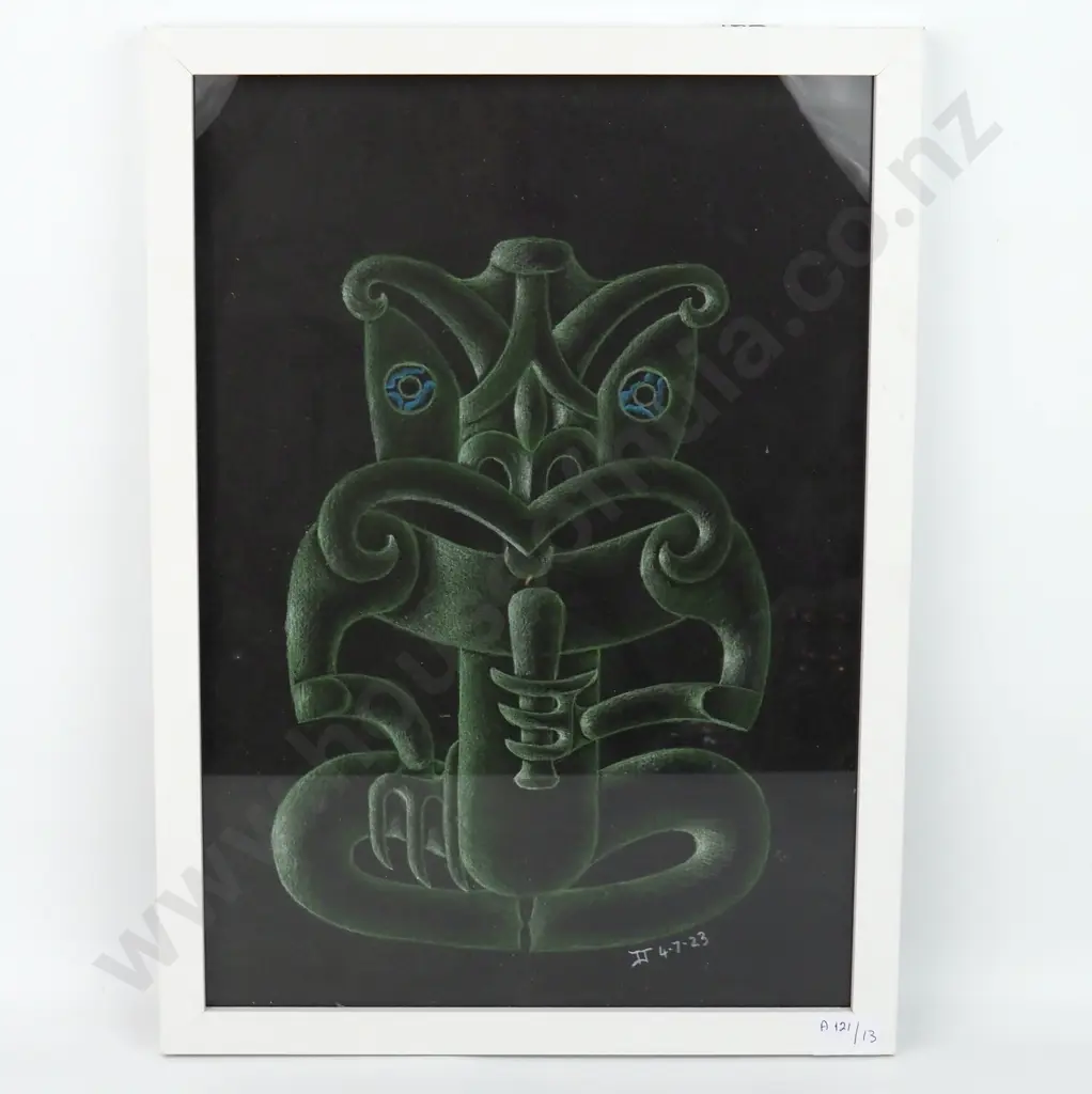 Green  Tiki Drawing in Pastel with  Blue Eyes by Artist & Carver Tahu Jacob Jacomb. Signed & Dated 4-7-23 Image 1++