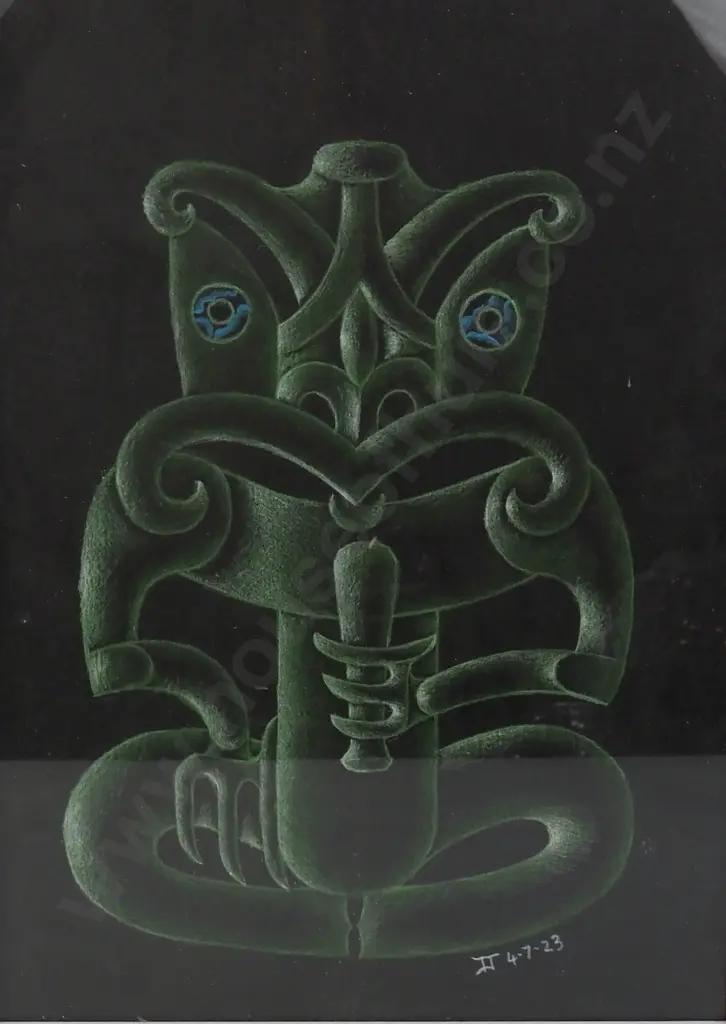 Green  Tiki Drawing in Pastel with  Blue Eyes by Artist & Carver Tahu Jacob Jacomb. Signed & Dated 4-7-23 Image 1++