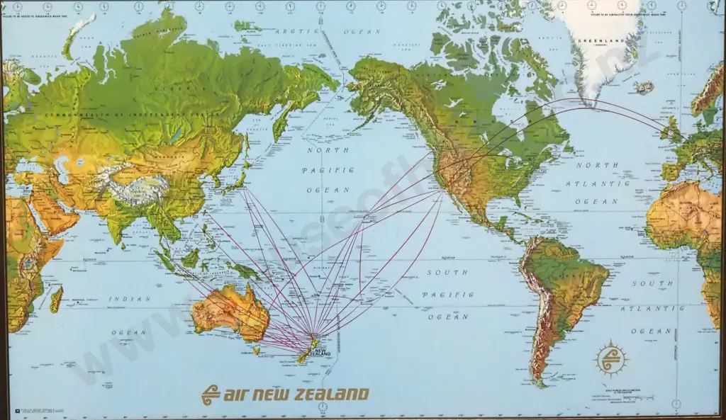 Large Air New Zealand Map Of The World Showing Places It Visits Image 1++