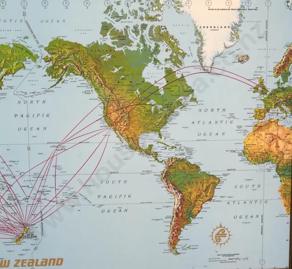 Large Air New Zealand Map Of The World Showing Places It Visits Image 1++