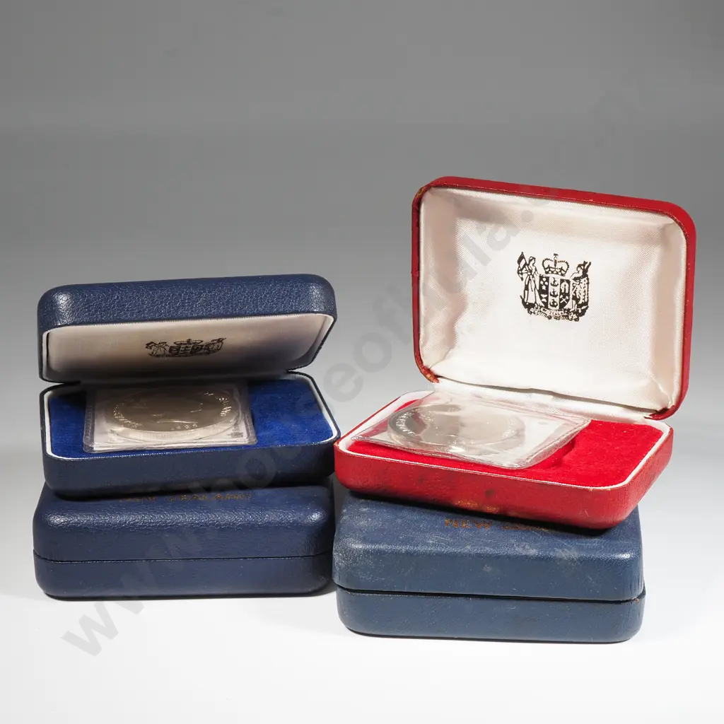 Four UNC 1974 Commonwealth Games One Dollar Coins in Unrelated Coin Cases  Image 1++