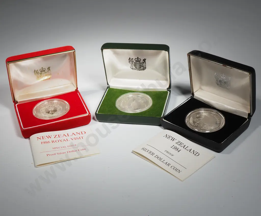Three Cased New Zealand Sterling Silver Proof Dollars  Image 1++