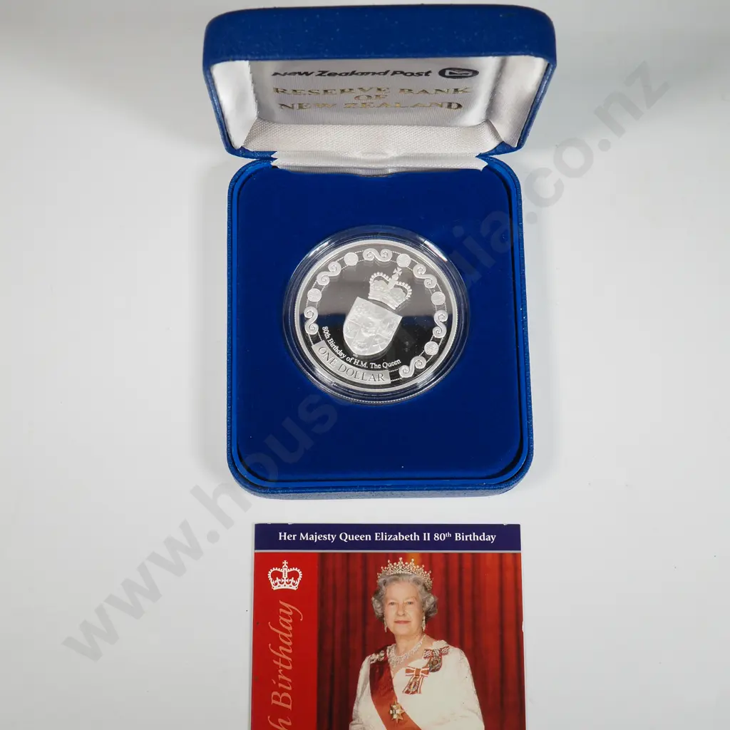 2006 New Zealand QE II 80th Birthday One Ounce Silver Proof Coin Image 1++
