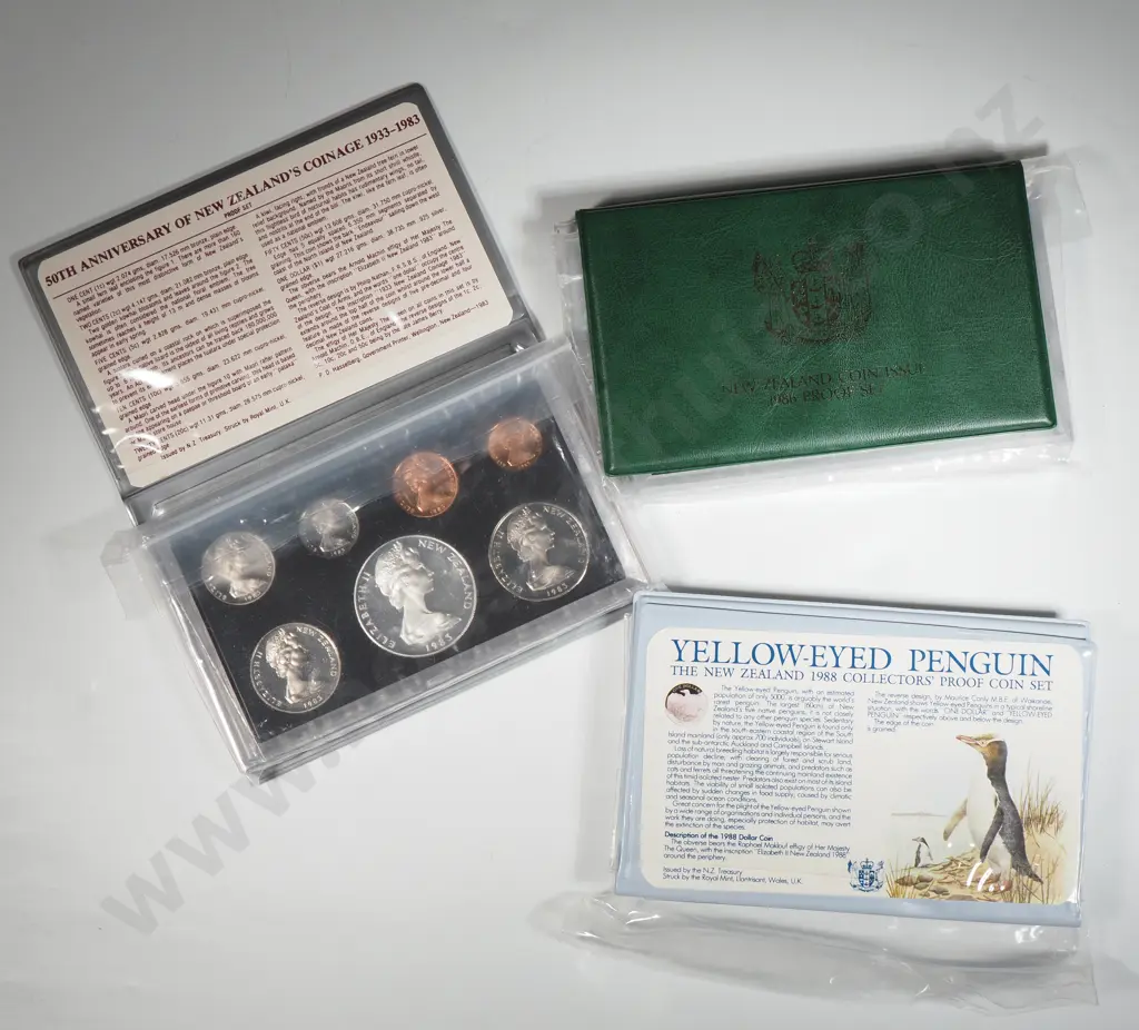 Three New Zealand Proof Coin Sets w Silver Dollars  Image 1++