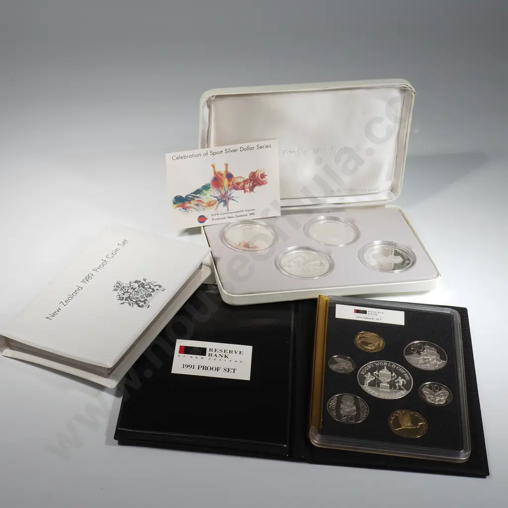 Three New Zealand Proof Coin Sets w Silver Dollars  Image 1++
