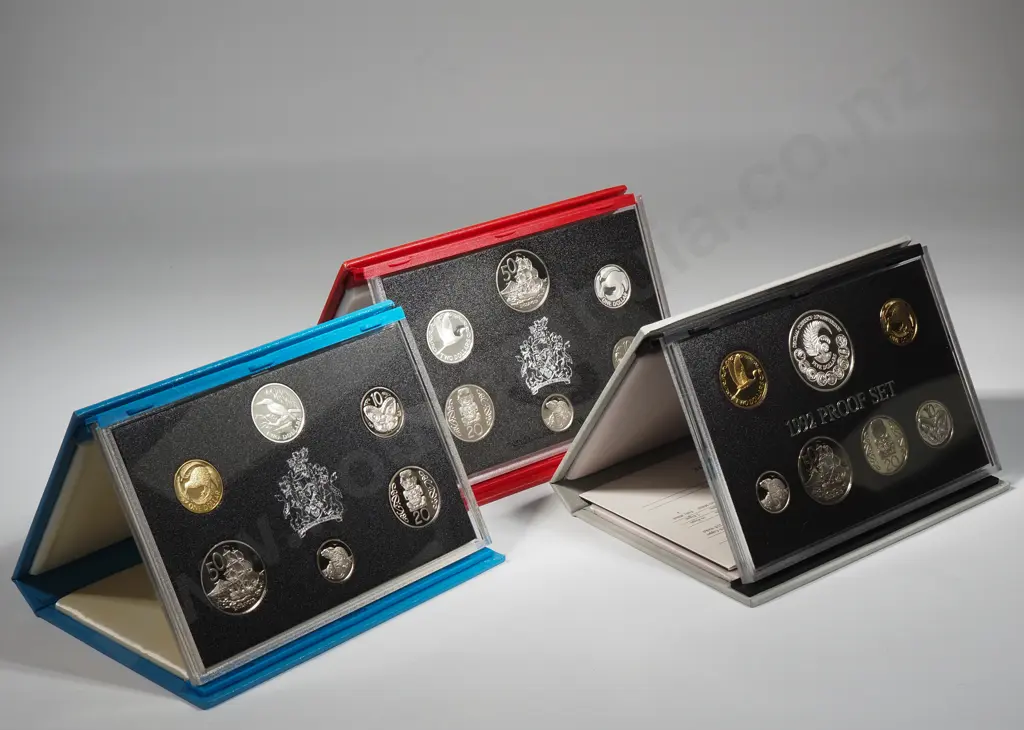 Three New Zealand Proof Coin Sets w Silver Dollars  Image 1++