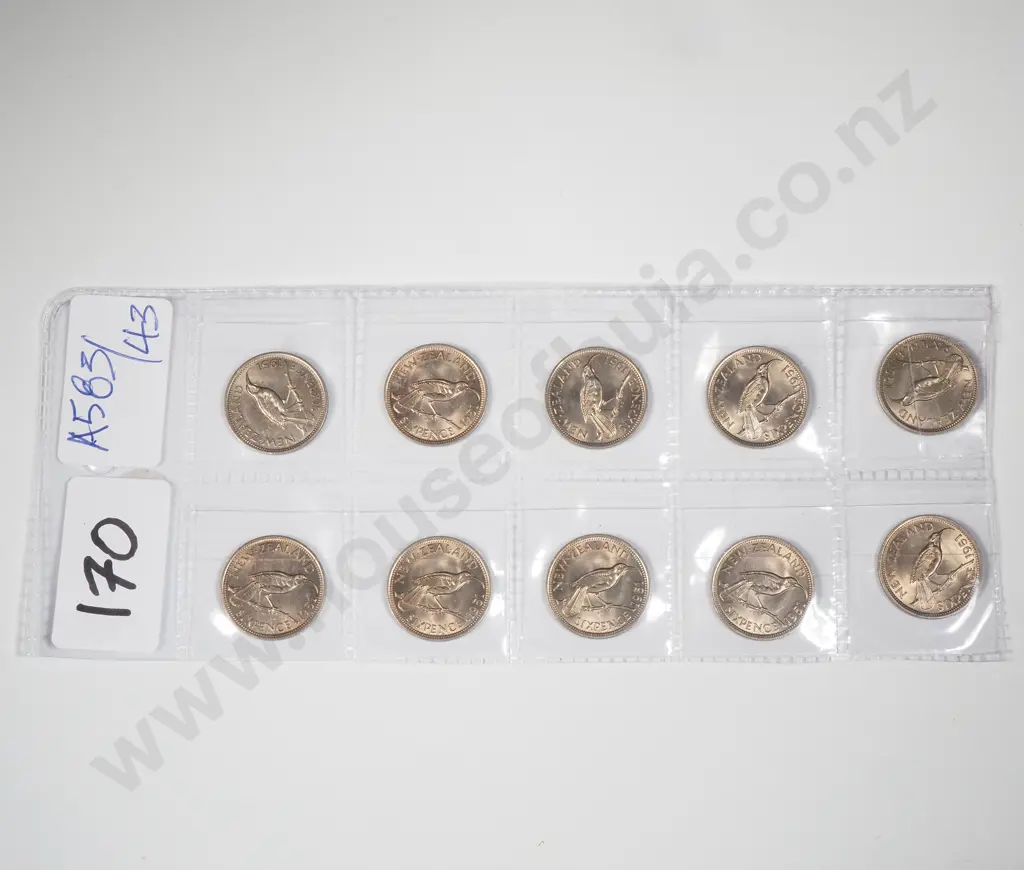 1951 New Zealand Ex Bank Roll Sixpences - Gem UNC - 10 Coins  Image 1++