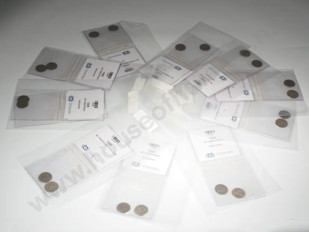 10 X 1956 New Zealand Threepence's - No Shoulder Strap Variety in Downies Packaging w Comparative Normal Coin - 20 Coins Image 1++