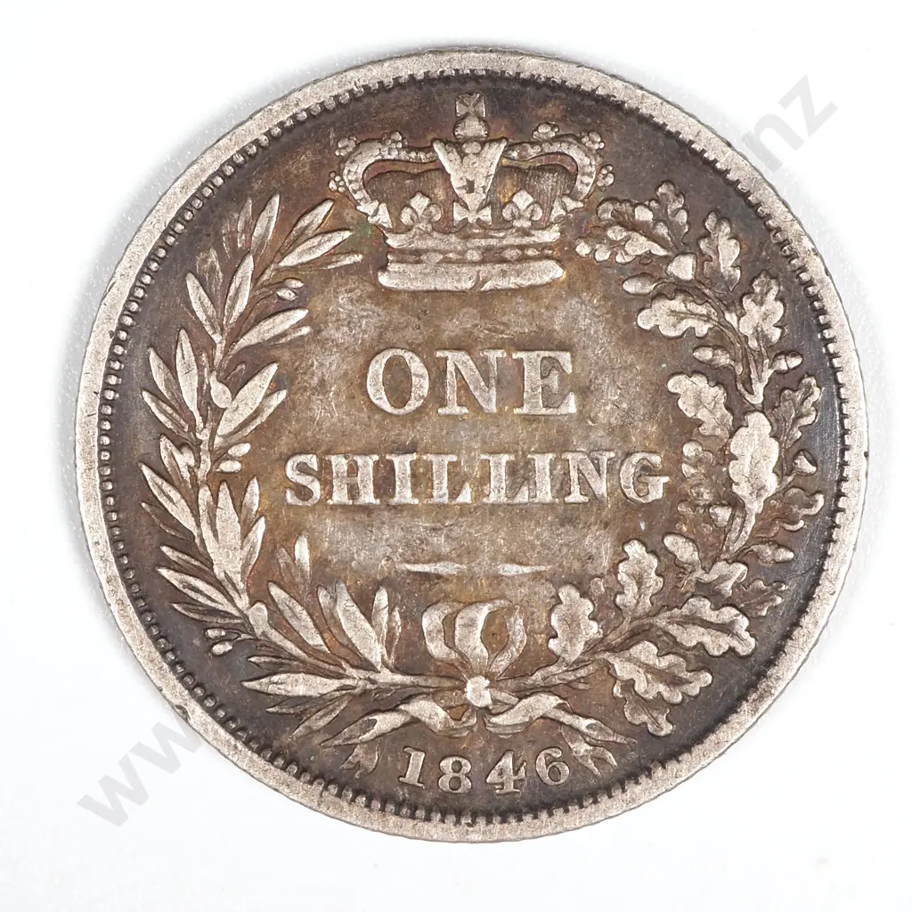 1846 Great Britain Shilling - Victoria Young Head. Old Dark Tone Image 1++