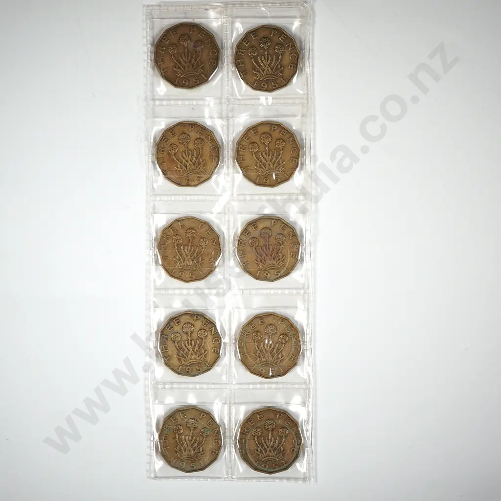 10 1951 United Kingdom Threepence Coins - Semi Scarce Date  Image 1++