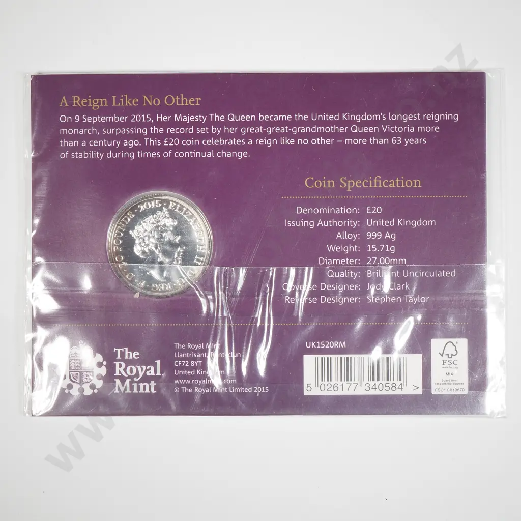 2015 United Kingdom The lOngest Reigning Monarch Half Ounce Fine Silver 20 Pound Coin  Image 1++