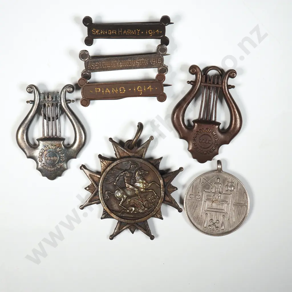 Assorted Antique New Zealand Music Badges in Bronze & One Sterling Silver Image 1++