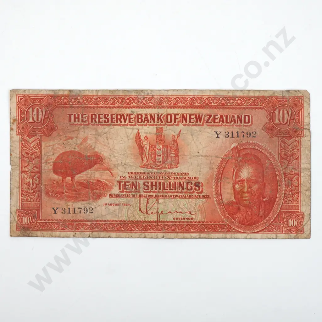 New Zealand Ten Shilling Lefeaux - Heavily Circulated Condition  Image 1++