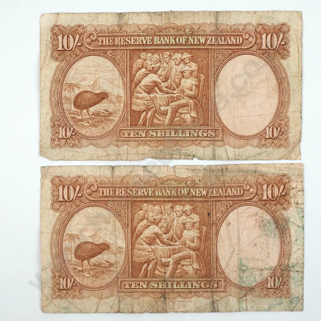 Two New Zealand Fleming Ten Shilling Banknotes - Poor Condition  Image 1++