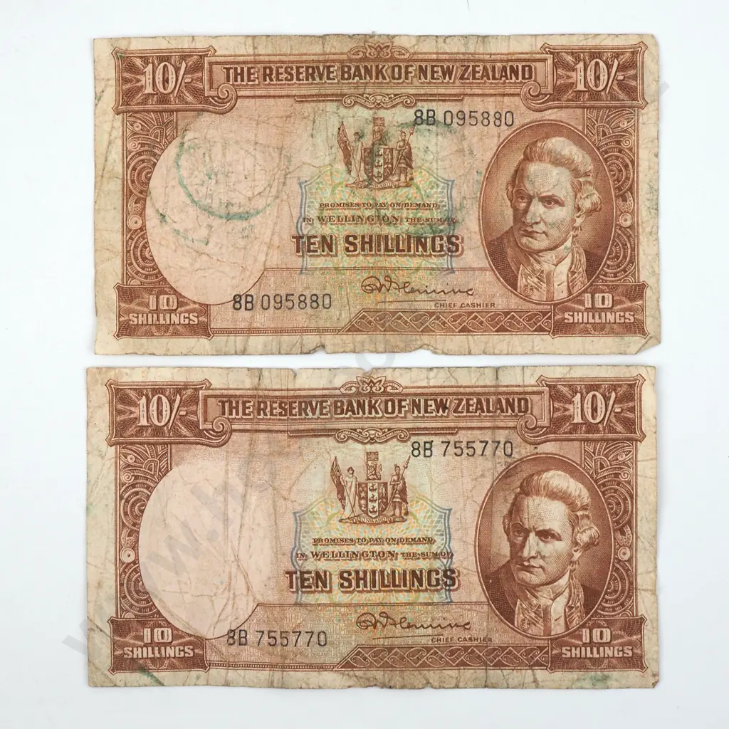 Two New Zealand Fleming Ten Shilling Banknotes - Poor Condition  Image 1++