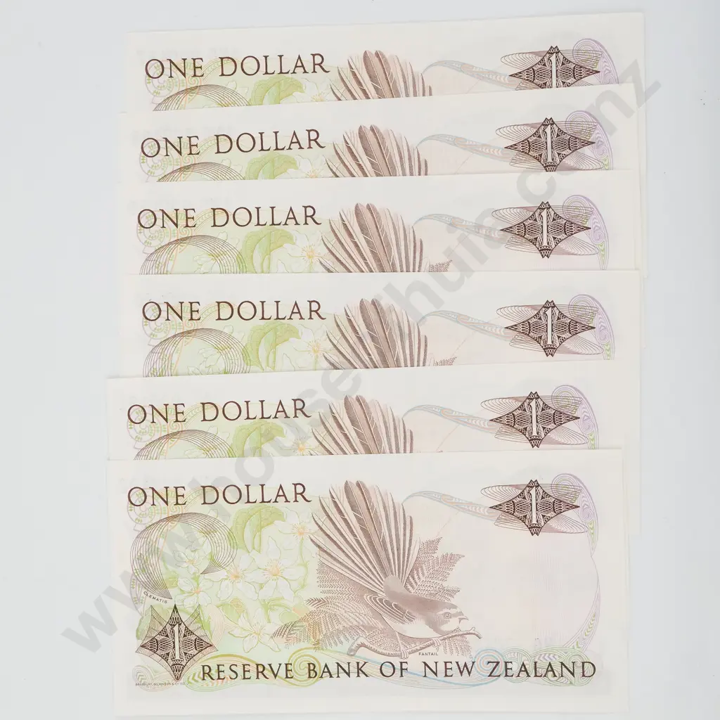 Six Consecutive New Zealand One Dollar Brash banknotes - AUNC (Slight Centre Crease)  Image 1++