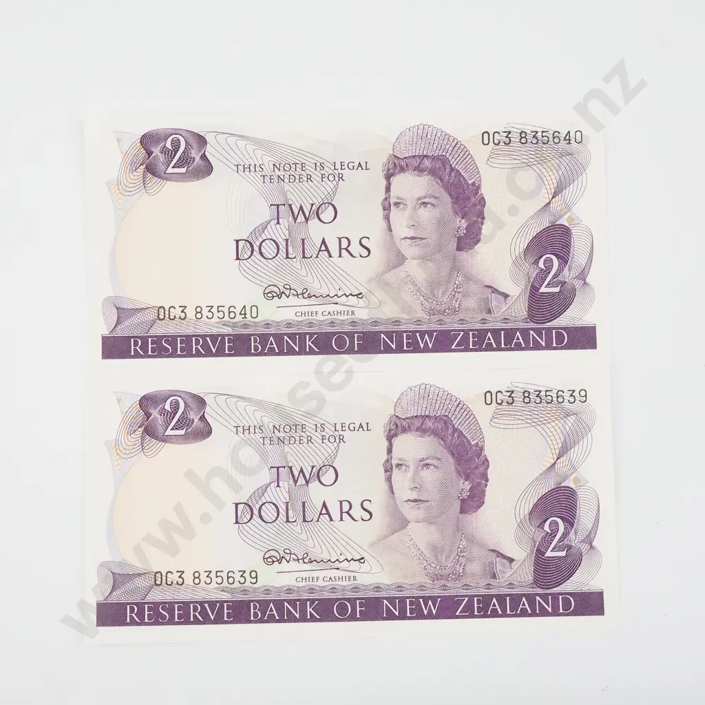 Two Consecutive New Zealand Two Dollar Fleming Banknotes (AUNC w Centre Crease)  Image 1++