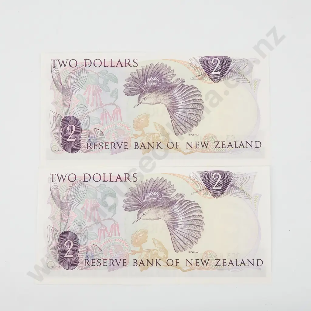 Two Consecutive New Zealand Two Dollar Fleming Banknotes (AUNC w Centre Crease)  Image 1++