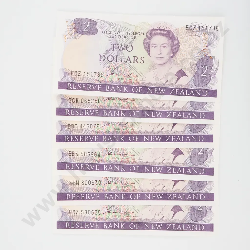 Six New Zealand AUNC Hardie Two Dollar Banknotes - EC* Prefixes & One EBM  Image 1++