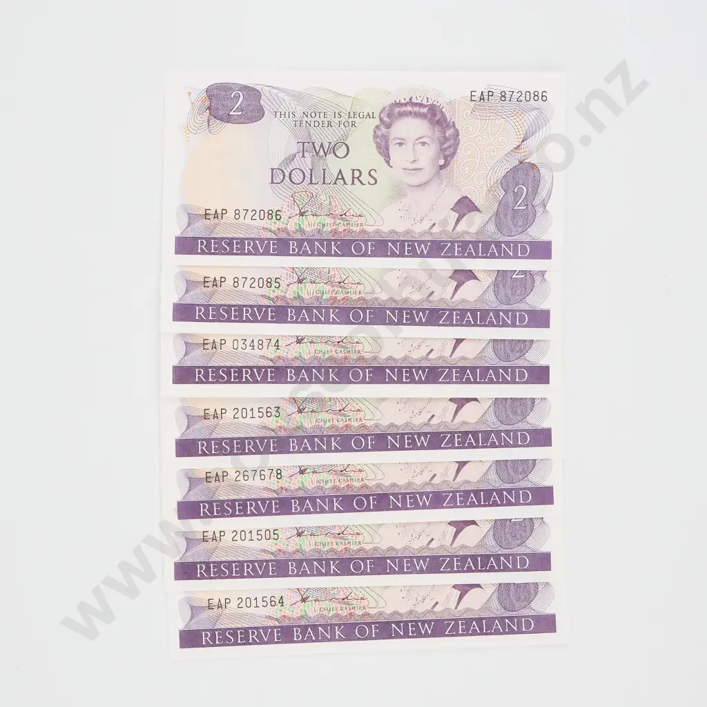 Seven New Zealand AUNC Two Dollar Hardie Banknotes - EAP Prefix Image 1++