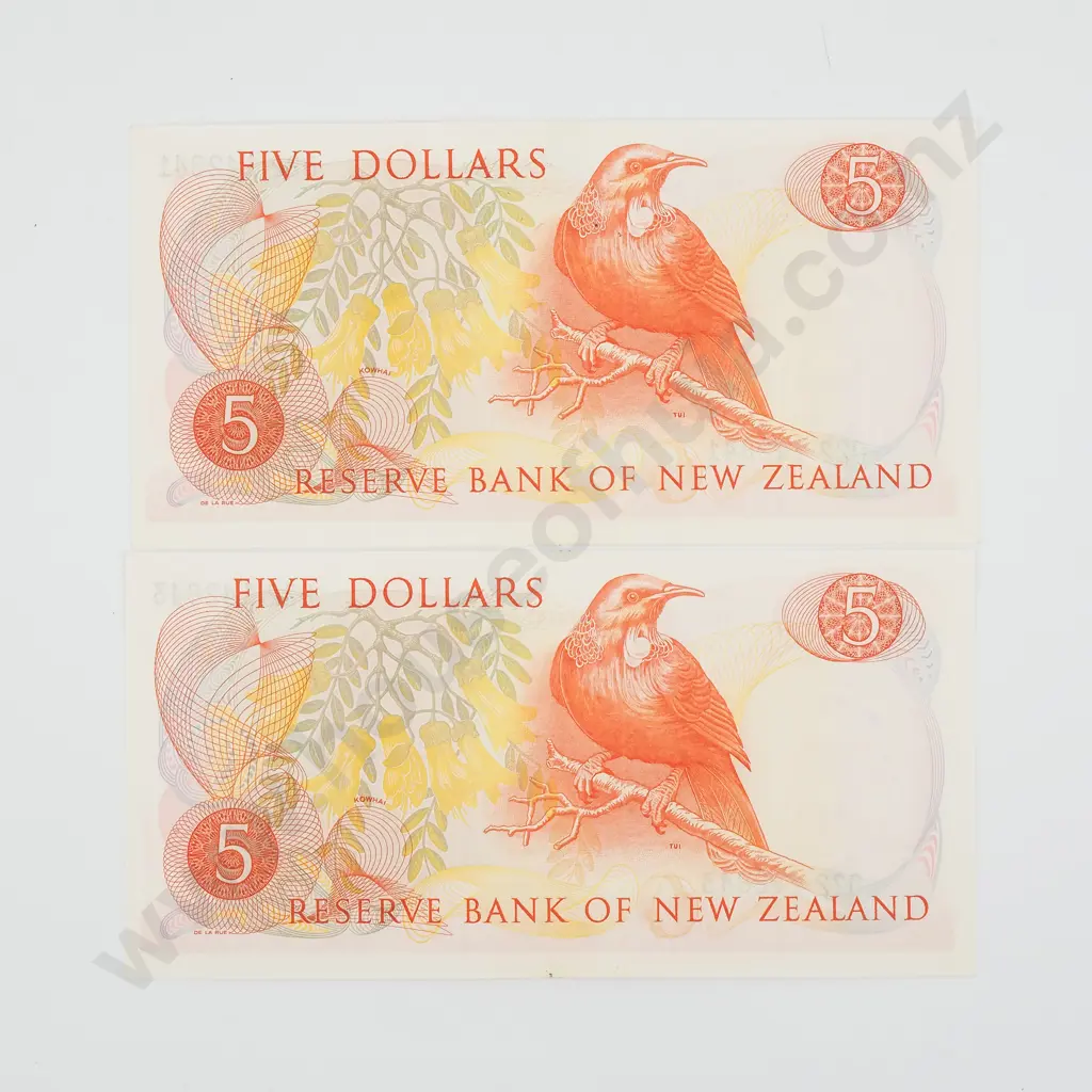 Two Almost Consecutive New Zealand Five Dollar Fleming Banknotes - Better Grades  Image 1++