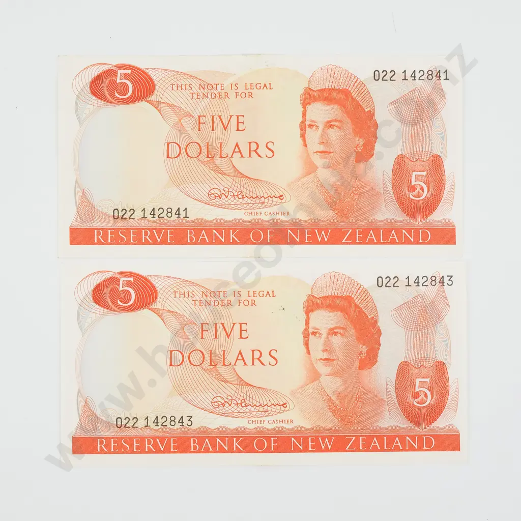 Two Almost Consecutive New Zealand Five Dollar Fleming Banknotes - Better Grades  Image 1++