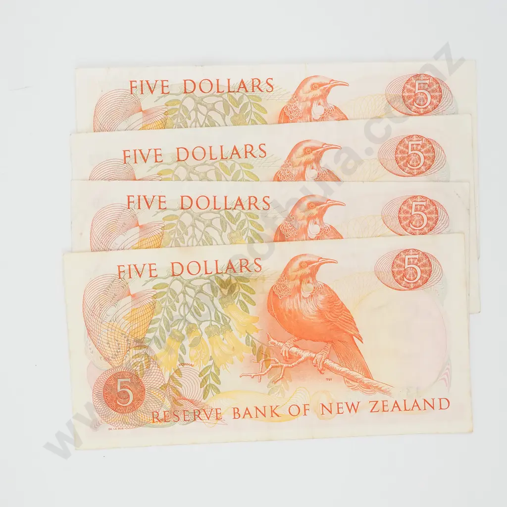Four New Zealand Five Dollar Knight Banknotes Image 1++