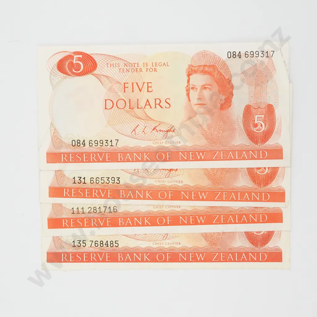 Four New Zealand Five Dollar Knight Banknotes Image 1++