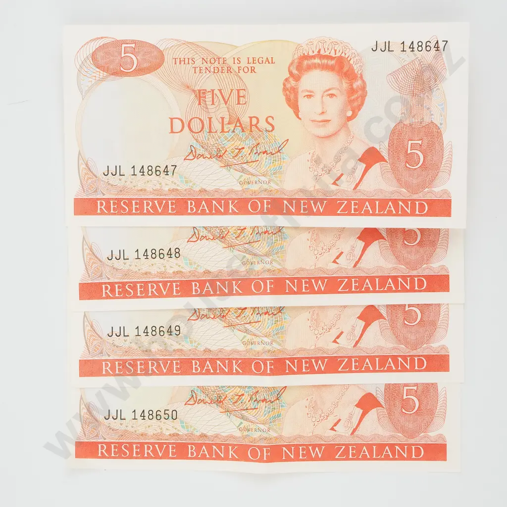 Four Consecutive New Zealand Five Dollar Brash Banknotes (AUNC w Centre Crease) Image 1++