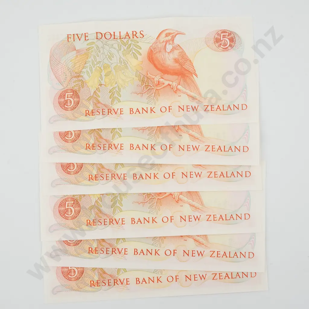 Six Close to Consecutive New Zealand Five Dollar Brash Banknotes - Better Grades  (Four w Three Creases) Image 1++