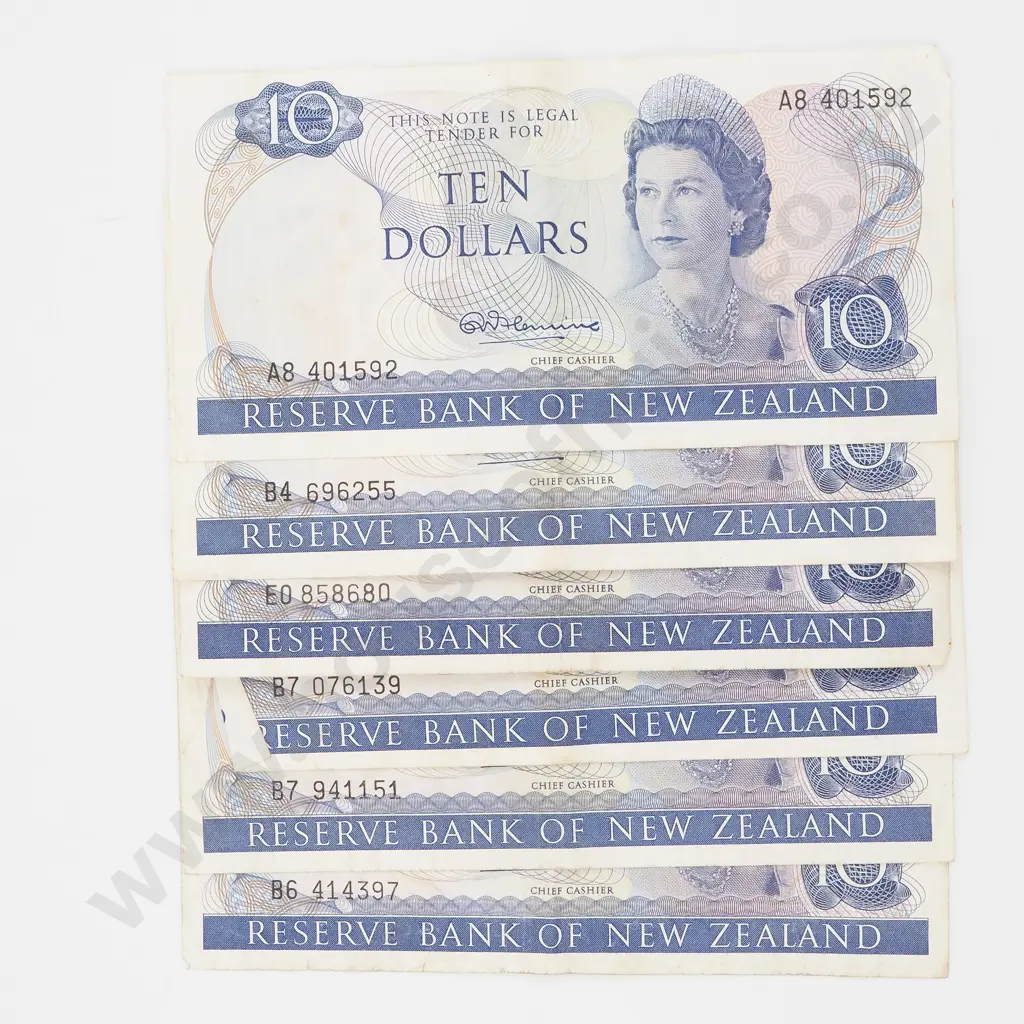 Six New Zealand Fleming 10 Dollar Banknotes  Image 1++