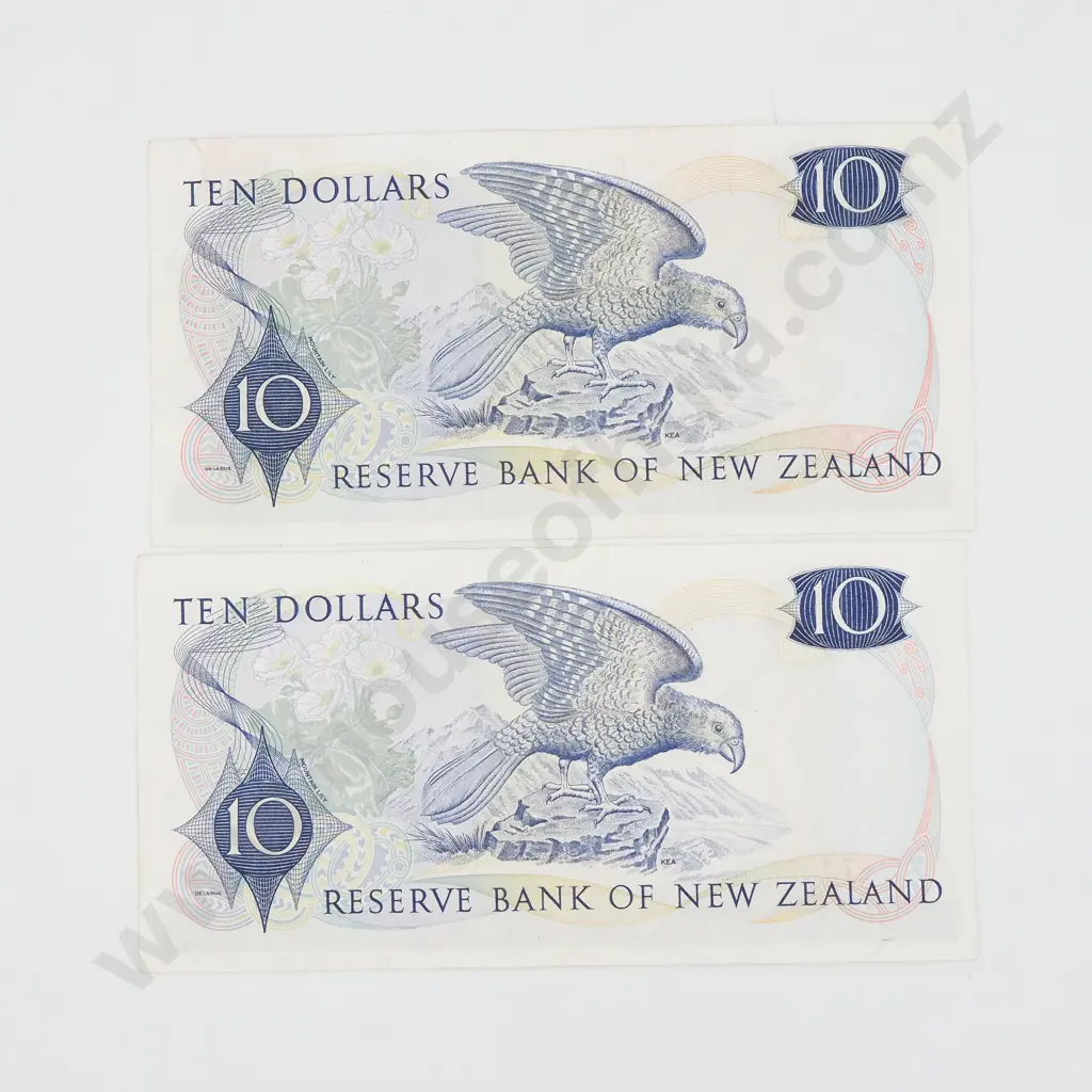 Two New Zealand Ten Dollar Fleming Banknotes - One Low Serial  Image 1++