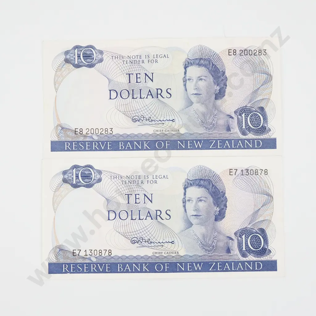 Two New Zealand Ten Dollar Fleming Banknotes - One Low Serial  Image 1++