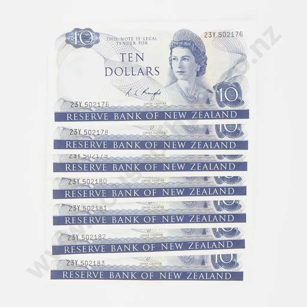 Seven Consecutive (Except One) New Zealand Ten Dollar Knight Banknotes (AUNC w Centre Crease)  Image 1++