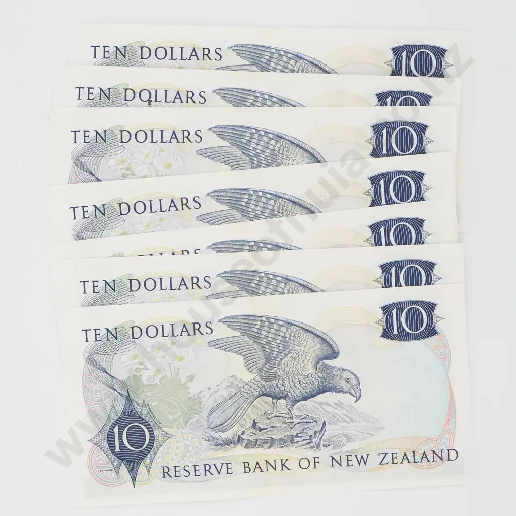 Seven Consecutive (Except One) New Zealand Ten Dollar Knight Banknotes (AUNC w Centre Crease)  Image 1++
