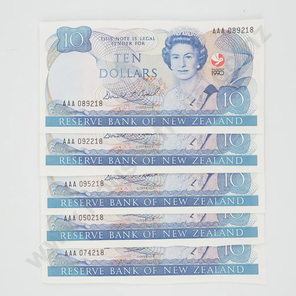 Five New Zealand 1990 Brash 10 Dollar Banknotes - Cut out of a presentation sheet  Image 1++
