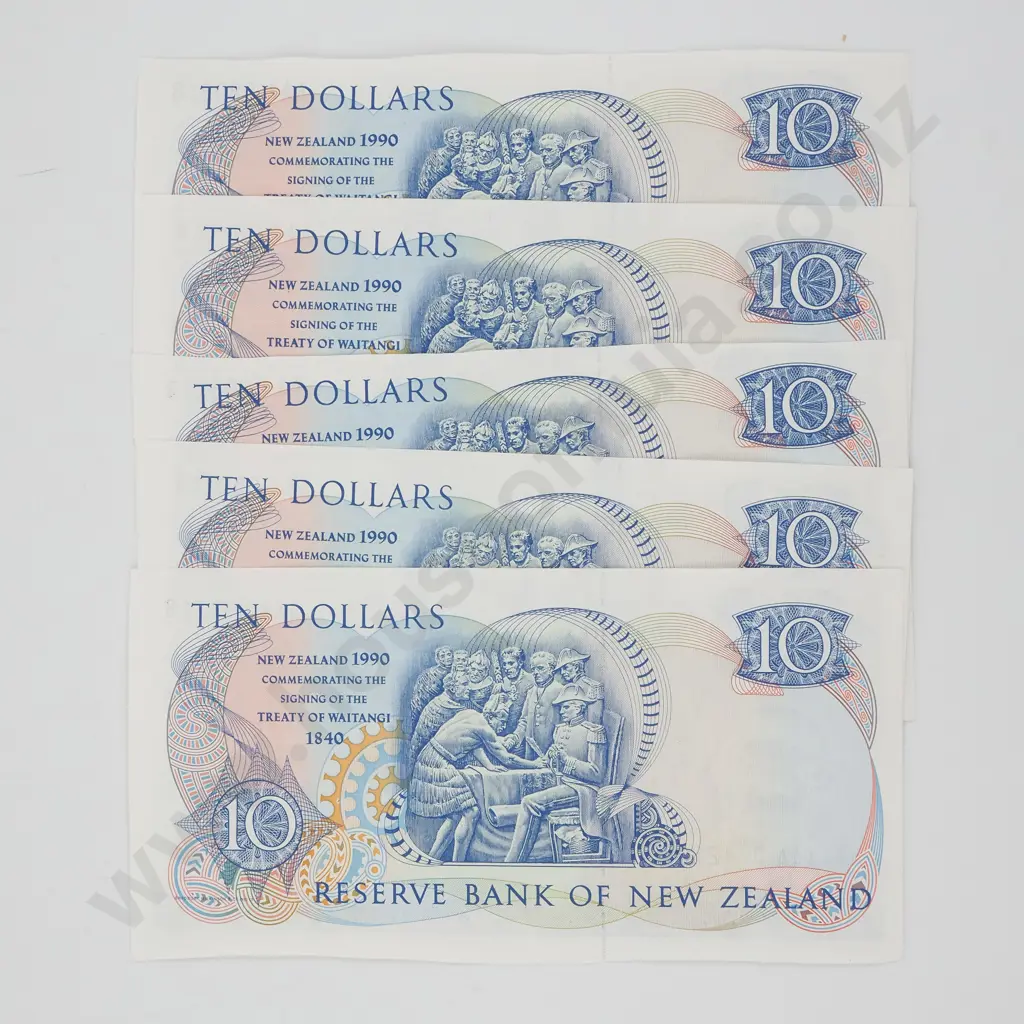 Five New Zealand 1990 Brash 10 Dollar Banknotes - Cut out of a presentation sheet  Image 1++