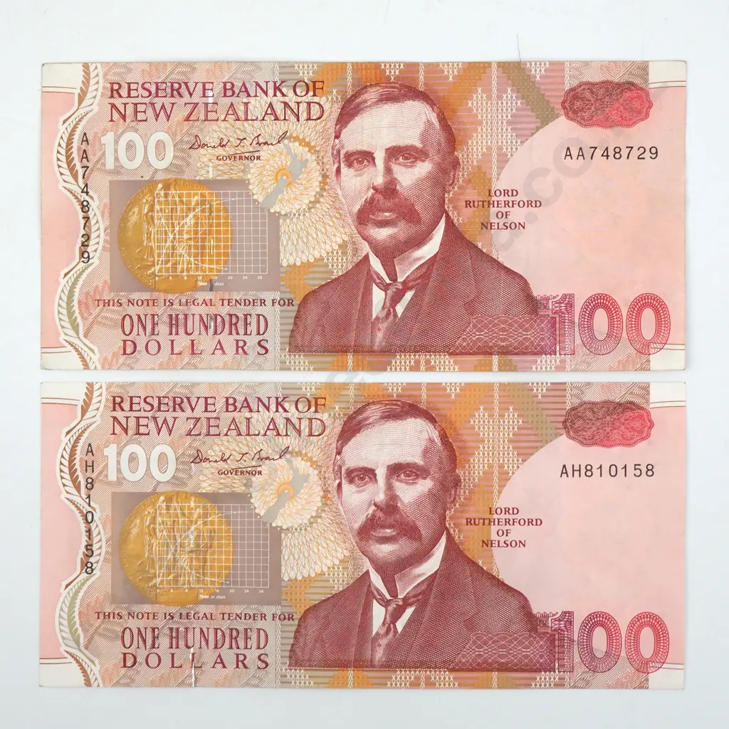 Two New Zealand One Hundred Dollar Brash Banknotes - One w Small Tear  Image 1++