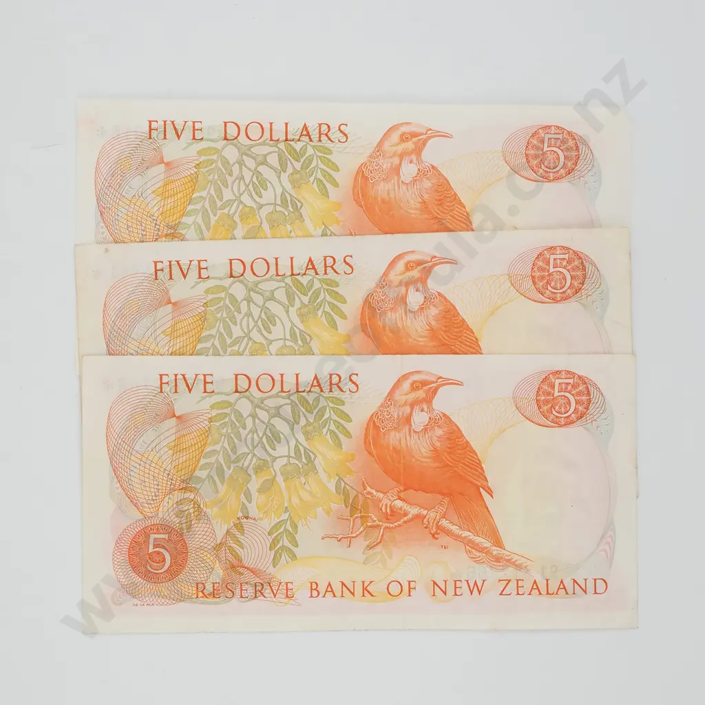 Three New Zealand Five Dollar Knight Star Banknotes Image 1++