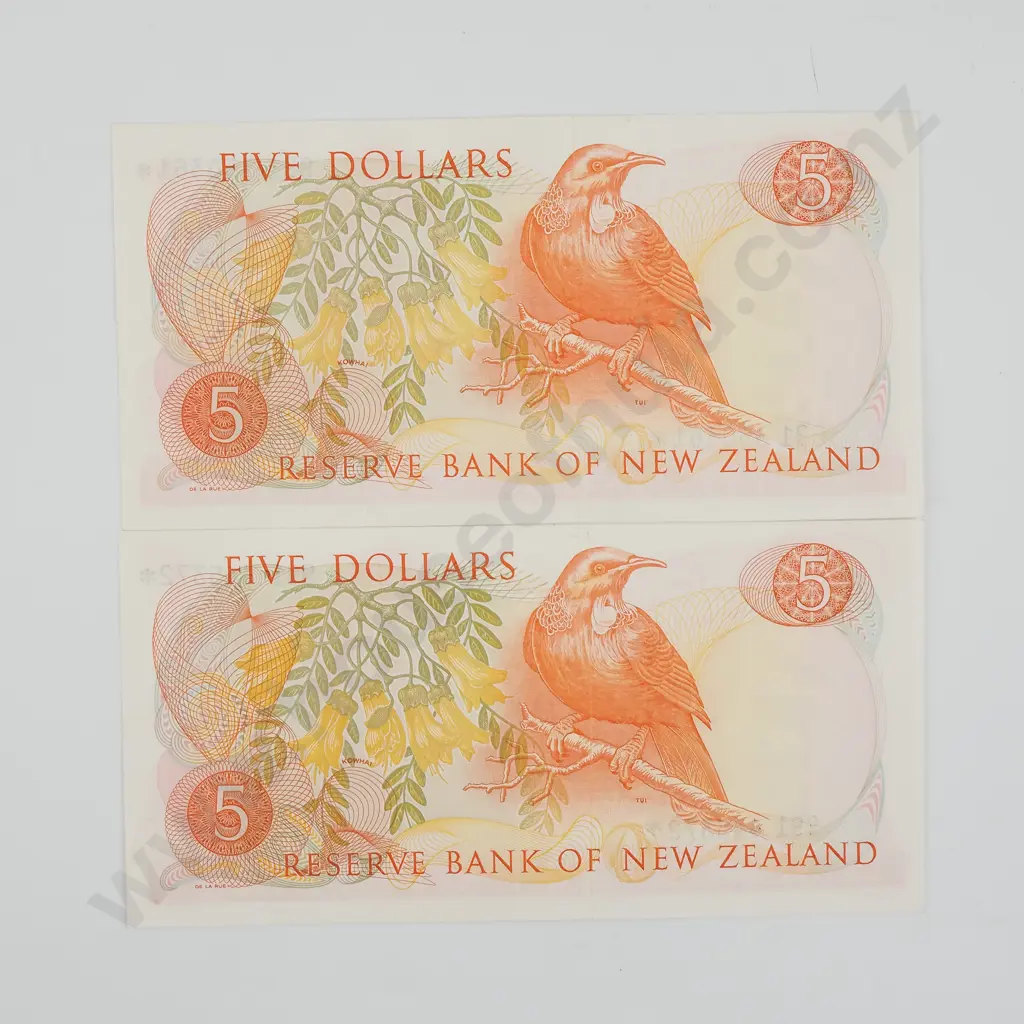 Two New Zealand Five Dollar Knight Star Banknotes - EF+ Image 1++