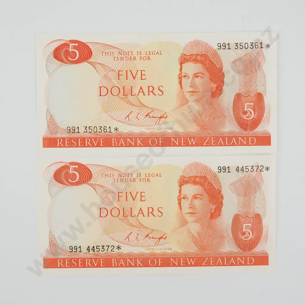 Two New Zealand Five Dollar Knight Star Banknotes - EF+ Image 1++